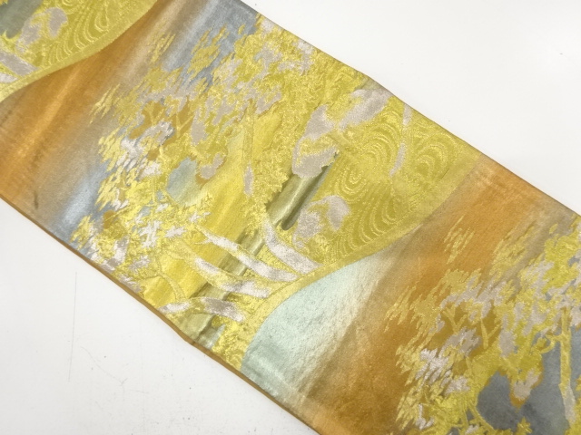 JAPANESE KIMONO / ANTIQUE FUKURO OBI / SILK / WOVEN TREE & WATERSIDE